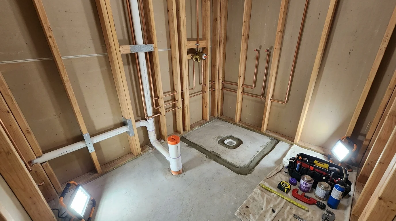 Bathroom rough-in plumbing during remodel by Johns Plumbing LLC in Cole Camp