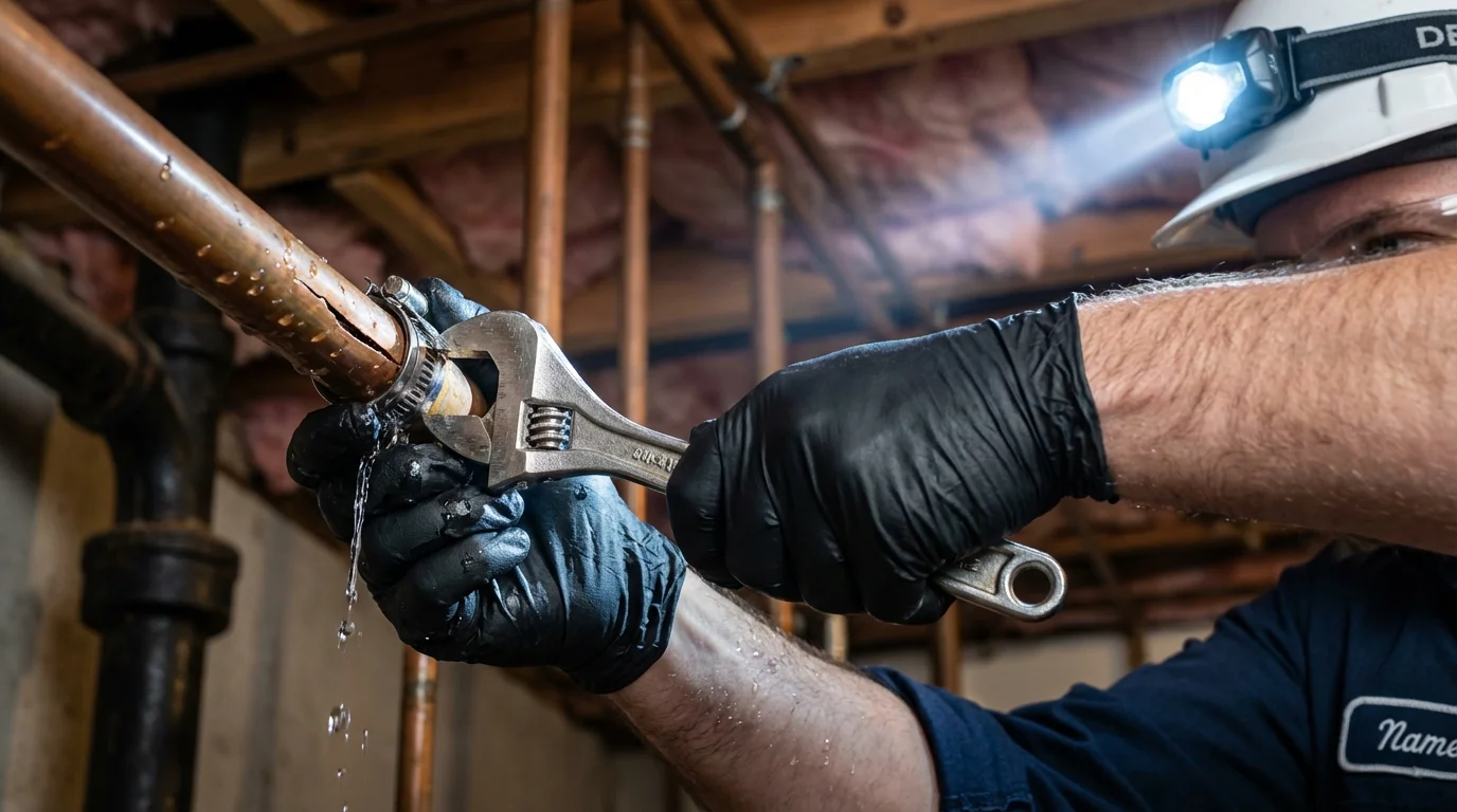 Emergency pipe clamp repair being performed by a Johns Plumbing LLC plumber in Cole Camp